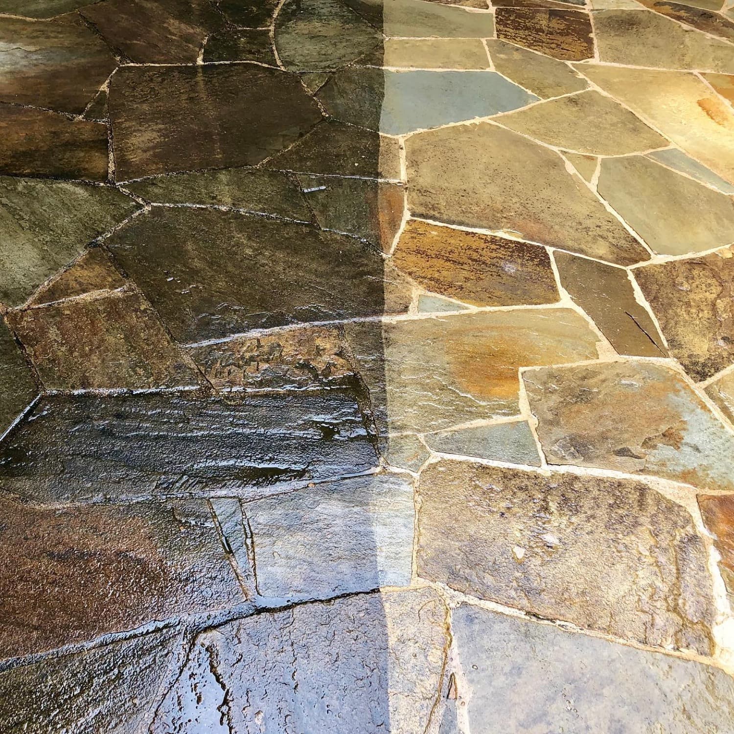 Flagstone cleaning before and after by Hi-Tech Power Wash in Austin, TX