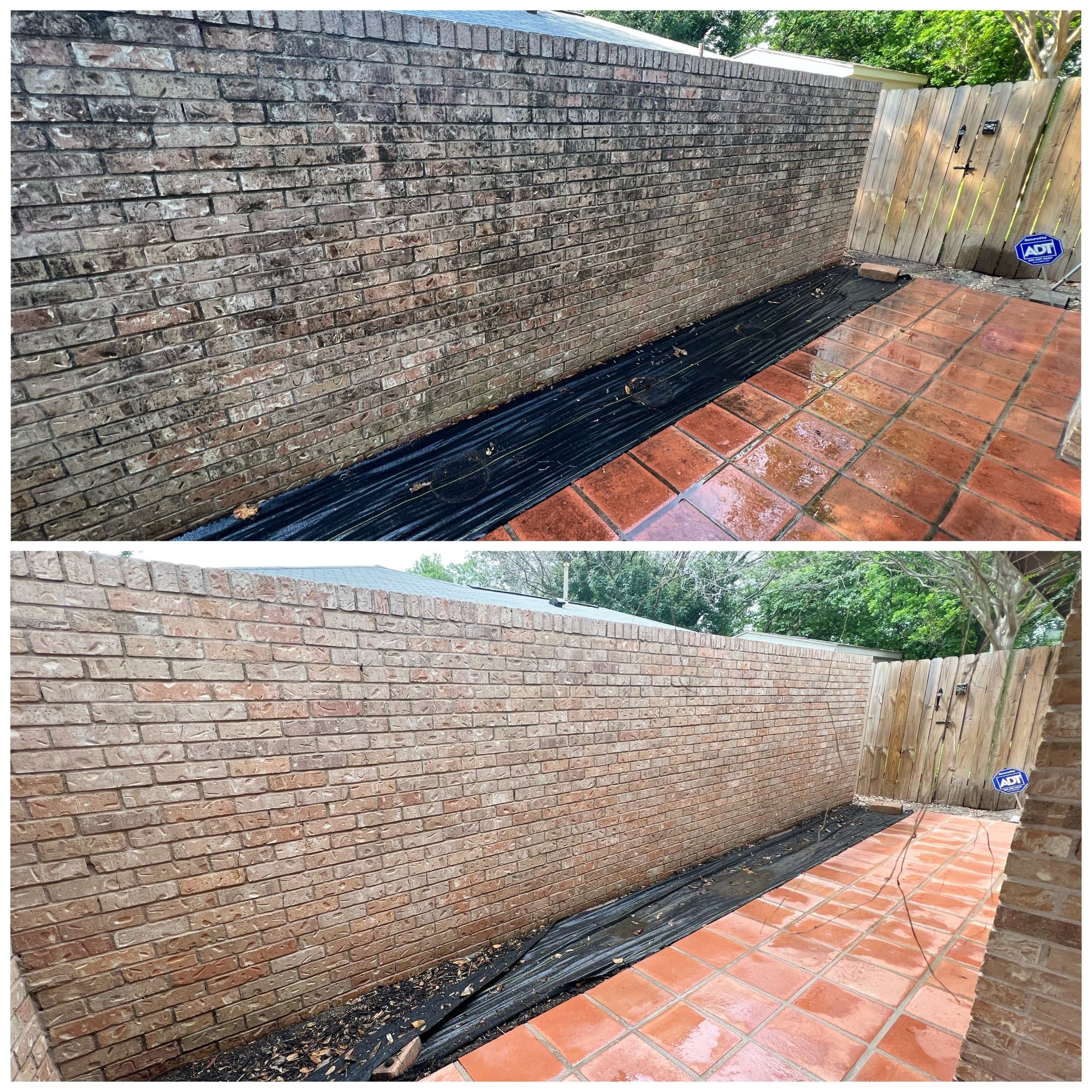 Brick wall and patio before and after cleaning
