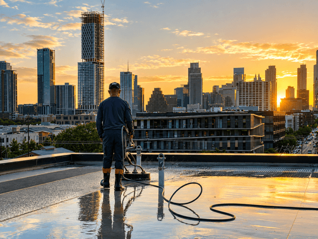 Commercial TPO roof cleaning in Austin by Hi-Tech Power Wash in Austin, TX