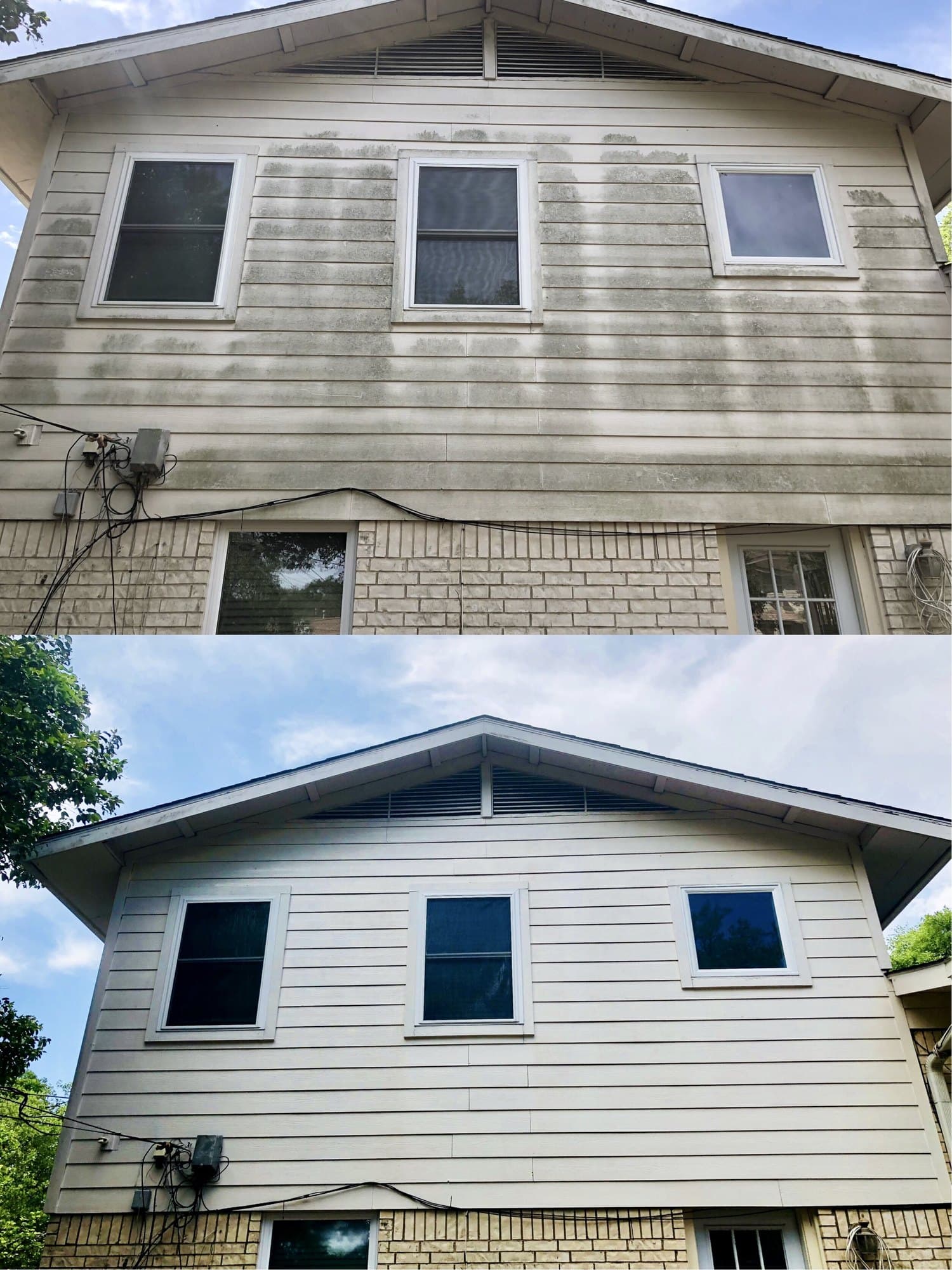 House siding before and after a soft wash in Austin