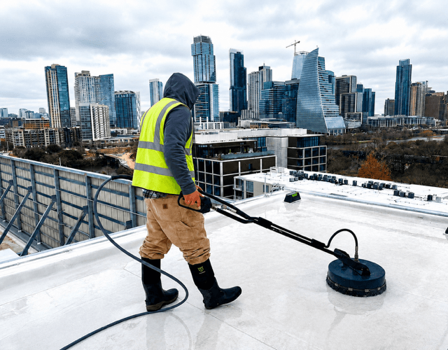 Commercial TPO roof cleaning in Austin by Hi-Tech Power Wash in Austin, TX