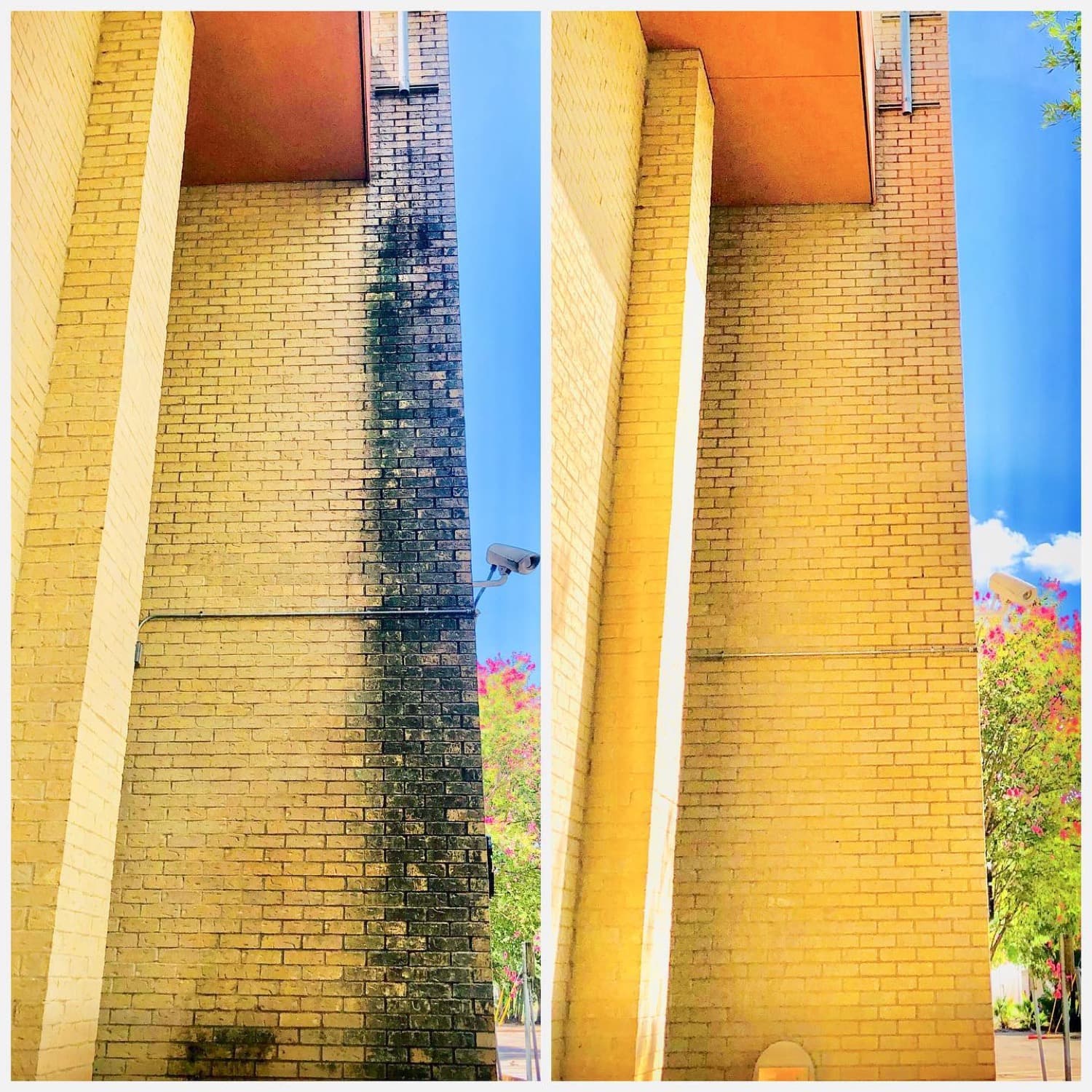 Brick column before and after by Hi-Tech Power Wash in Austin, TX