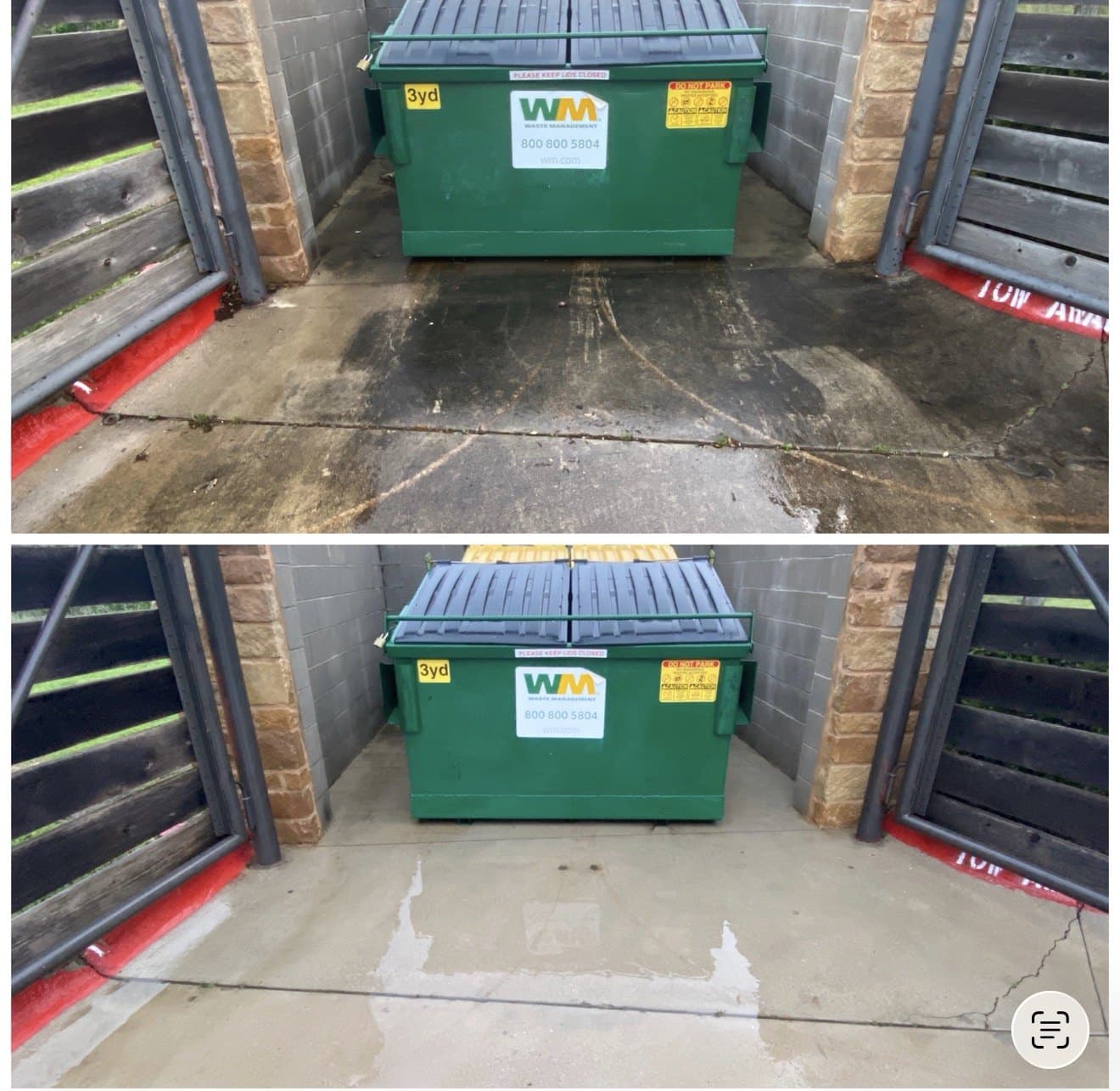 Dumpster pad before and after cleaning