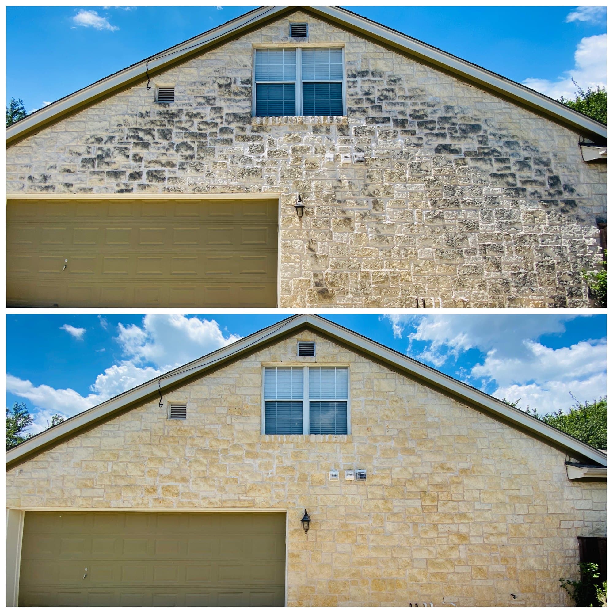 Limestone house exterior before and after cleaning in Austin