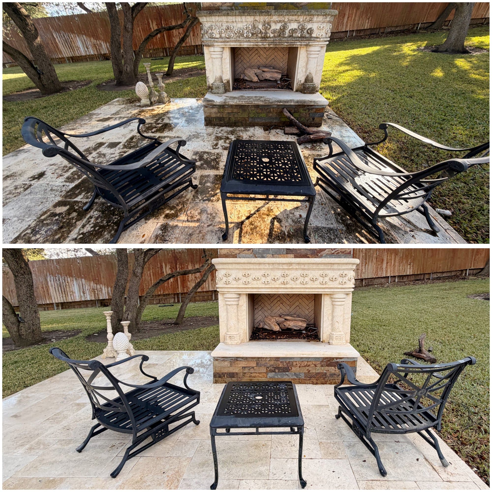 Outdoor limestone patio cleaning