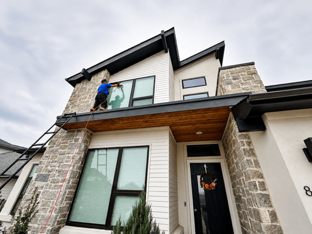 Exterior Window Cleaning before and after by Hi-Tech Power Wash in Austin, TX
