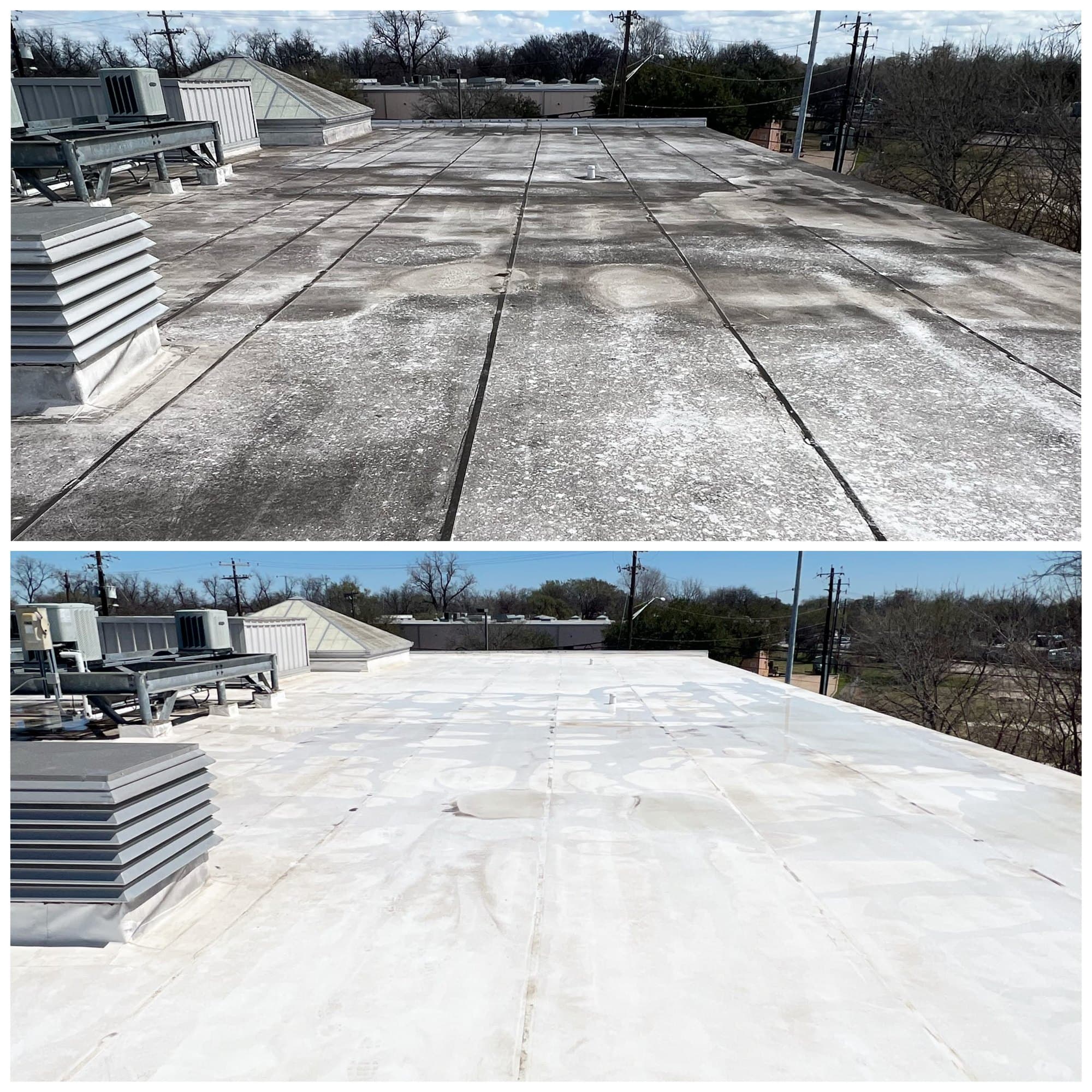 White TPO membrane on a commercial roof before and after cleaning