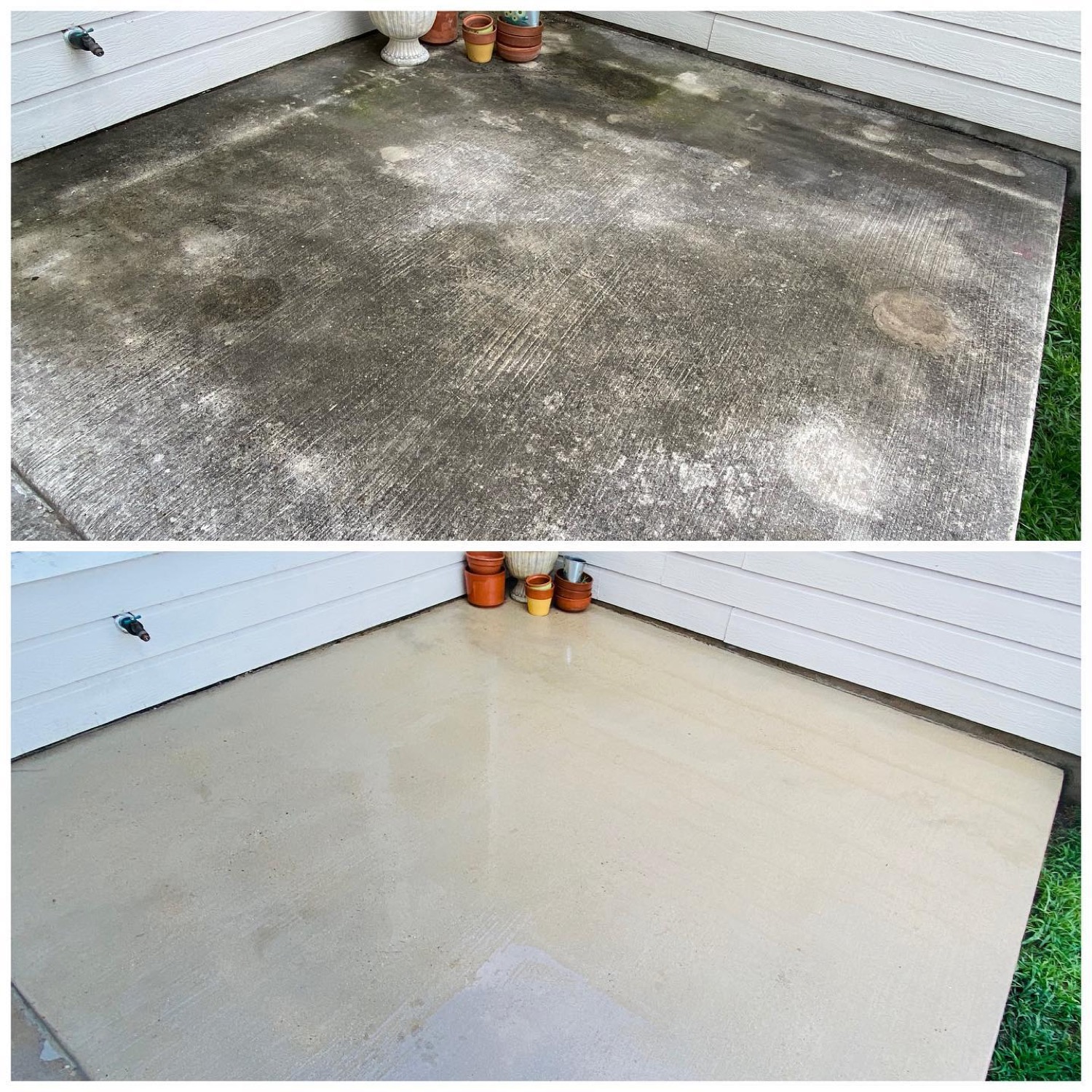 Concrete patio cleaning before and after by Hi-Tech Power Wash in Austin, TX