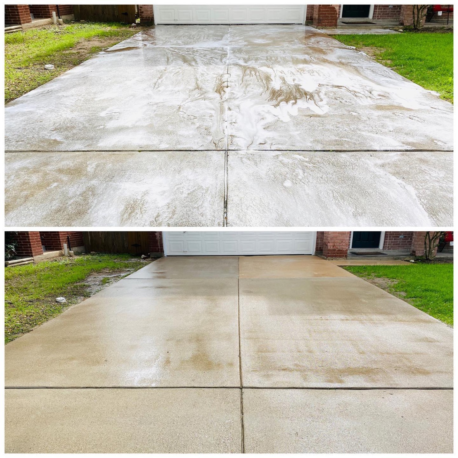 Concrete driveway cleaning before and after by Hi-Tech Power Wash in Austin, TX