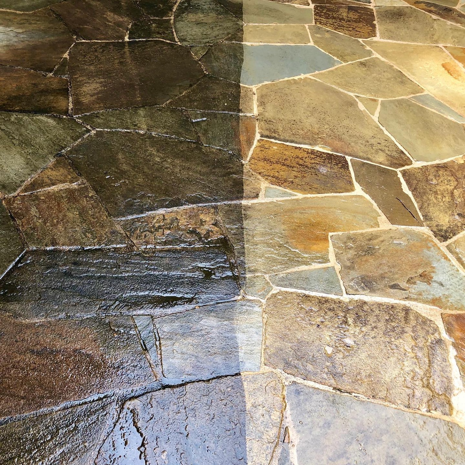 Flagstone cleaning before and after by Hi-Tech Power Wash in Austin, TX